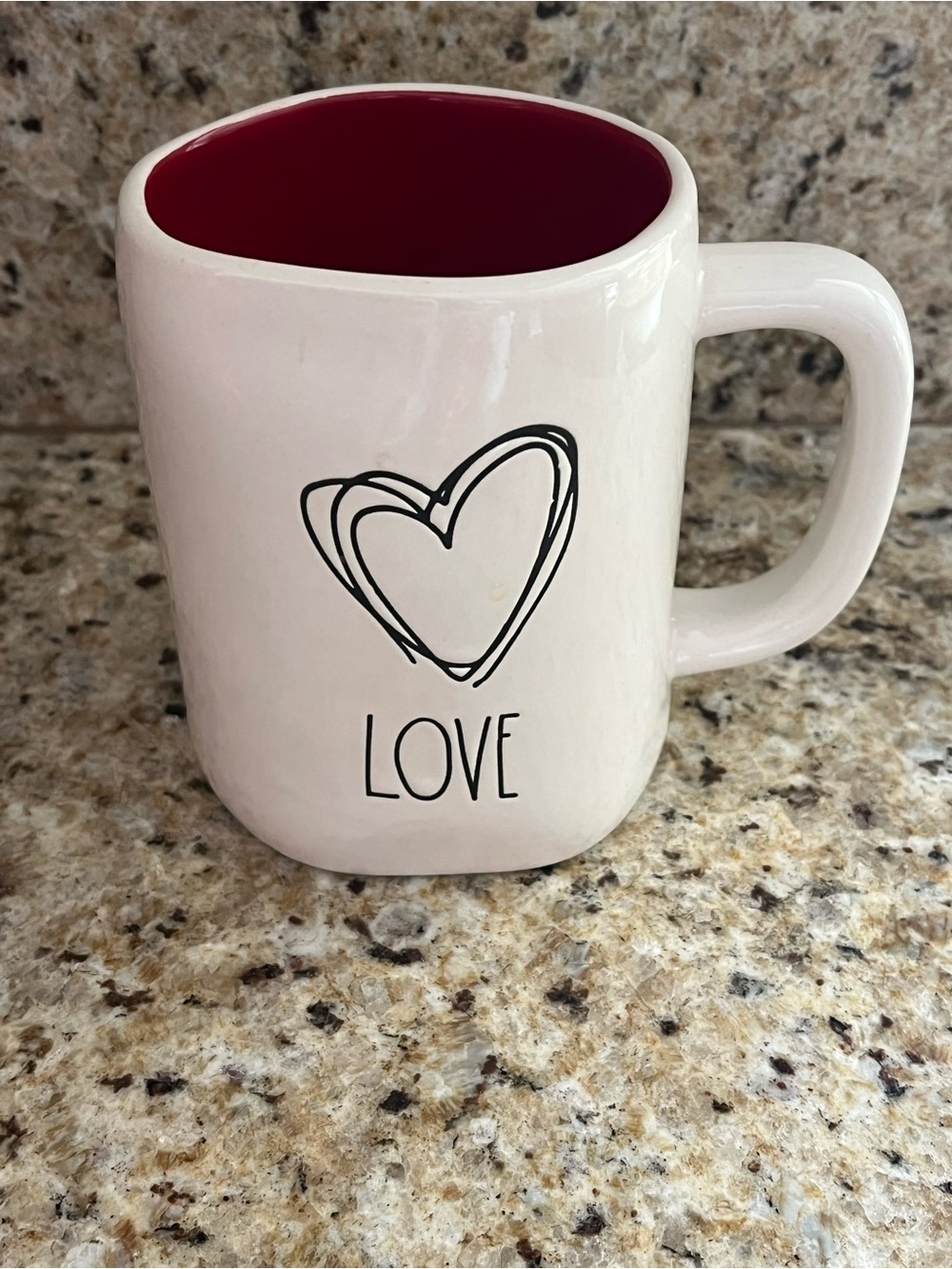 Rae Dunn White Love Mug with Red Interior and Black Heart Valentines